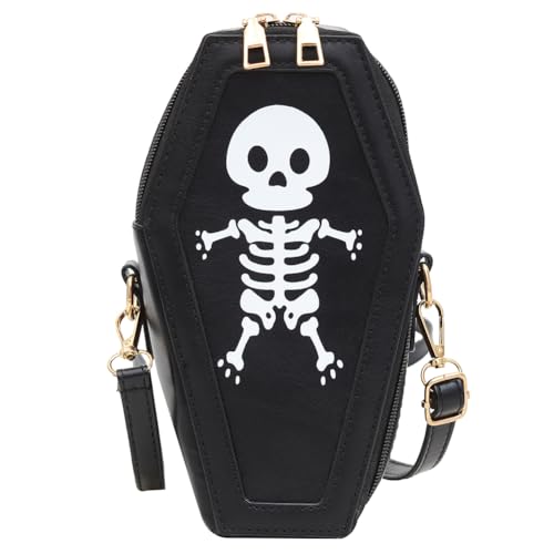 Crossbody Bag PU Leather Coffin Shape Halloween Bag Women Skull Print Handbag Hobo Bag for Carnival Cosplay
