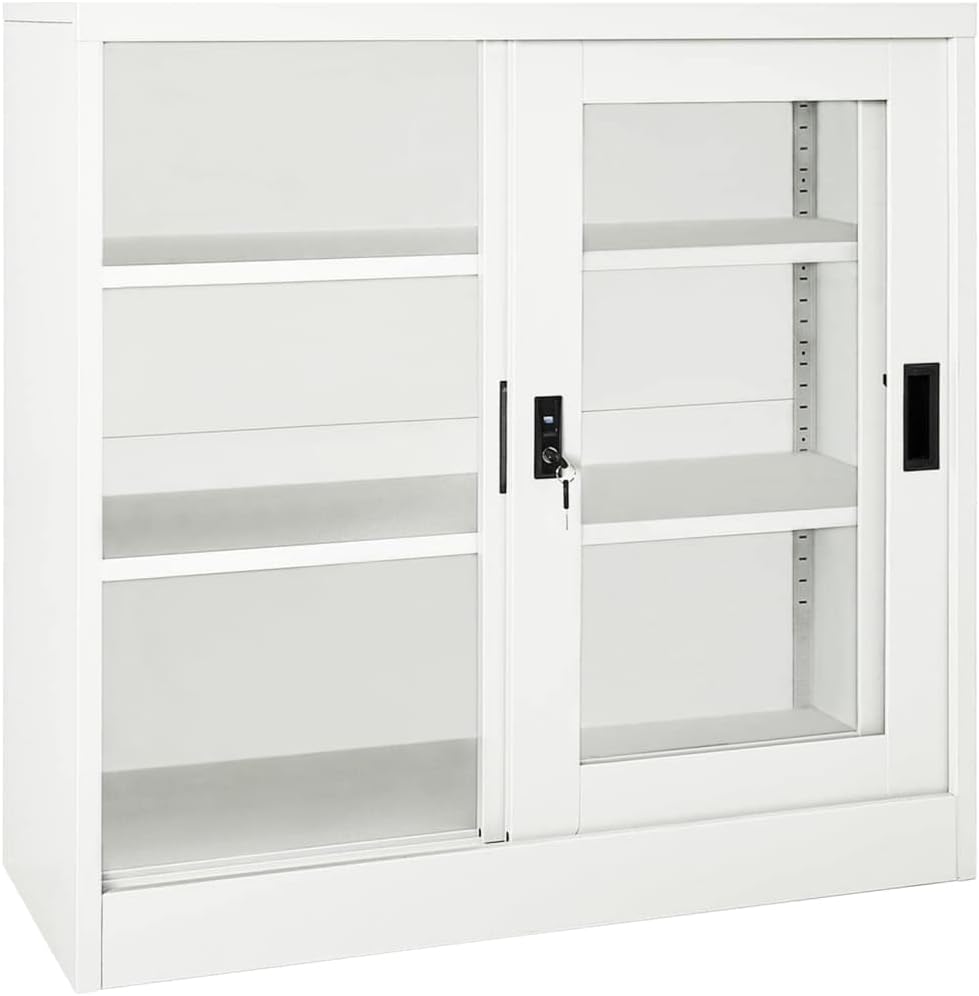 vidaXL White Steel Filing Cabinet with Sliding Doors & Adjustable Shelves - Secure Office Storage Cabinet with Lock System, 35.4"x15.7"x35.4"