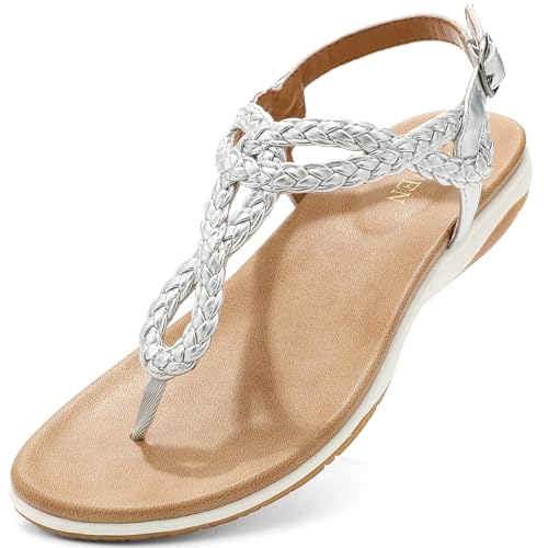 Image of UBFEN Womens Flat Sandals Dress Braided T-Strap Thong Sandals with Arch Support Comfortable for Walking