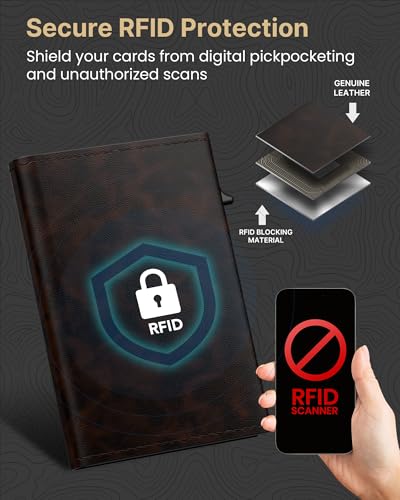 Image of typecase Mens Wallet Card Holder: Pop Up Aluminum Case, Genuine Leather, Smart, RFID Blocking, Slim, Minimalist, Front Pocket - 9-14 Card Capacity | ID Window | Cash Slot (Antique Brown)