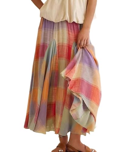 dsumvns Women Multicolour Plaid Ruffle Long Skirt Elastic Waist Flowy Summer Ruche Color Block Gingham Skirts