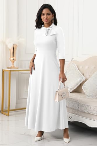 FANDEE Maxi Dress for Women Long Elegant 3/4 Sleeve Bow Tie Neck A Line Casual Party Church Dresses with Pockets3