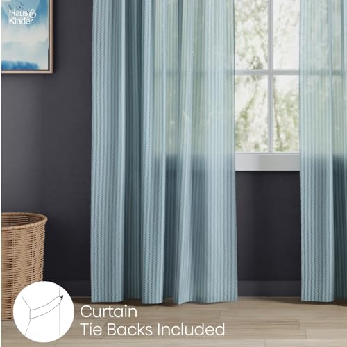 Image of haus & kinder Jacquard Sheer Door Curtains 7 Feet Long Pack of 2 Door Curtains, 7 Feet Curtains for Door, (Abstract Geometric Design, Aqua Strand, 114x213cm)