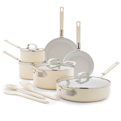 GreenPan x Bobby Flay 13 Piece Nonstick Cookware Pots and Pans Set, PFAS-Free Diamond Ceramic, Induction Suitable, Easy Clean Dishwasher & Oven Safe, Stay-Cool Silicone Handles, Glass Lids, Cream