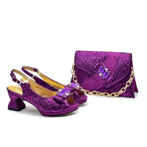 Women Italian Shoes And Bags Matching Set African Rinestone Pump Shoes And Purse Handbag Set Purple 41