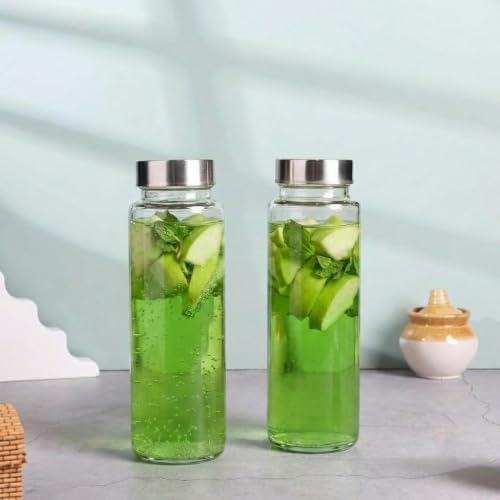 Image of CROCO JAR Wide Mouth Glass Water Bottle with Leak-Proof Airtight Double Layer Stainless Steel Lid for Water, Smoothie, Juices (500ML STEEL PK2)