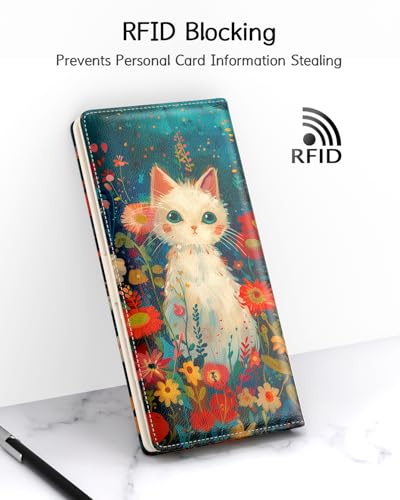 Image of Nipichsha Womens Wallet, RFID Slim Wallets for Women, Thin Ladies Credit Card Holder Purse, Cute Leather Bifold Clutch Billfold with 11 Card Slots & ID Window, Flowers Cat