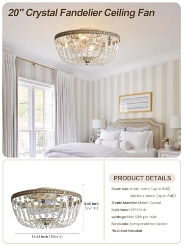 Image of 20 inch Flush Mount Fandelier Ceiling Fan with Light, Crystal Gold Fandelier Ceiling Fan with Light Remote Control, Vintage French Country Caged with 6 Speeds for Bedroom, Living Room, Foyer, Nursery