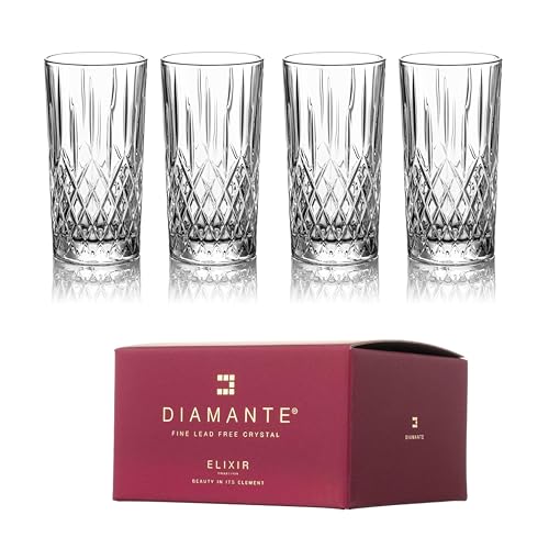 Image of DIAMANTE Four Regency Crystal Tall High Ball Glasses - Made from Premium Crystal - Set of 4 in Gift Box