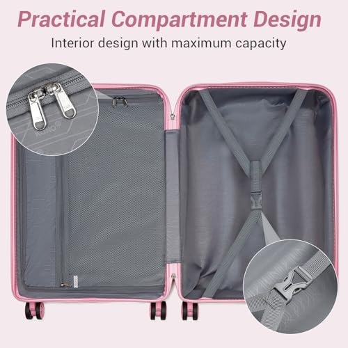 Image of Kono Carry On Luggage 24 Inch Checked-Medium Hard Shell Travel Trolley 4 Spinner Wheels Lightweight Polypropylene Suitcase with TSA Lock, Pink