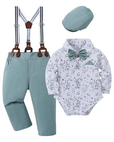 Image of nilikastta Baby Boy Wedding Outfits Infant Baby Boy Clothes Suit Dress Shirts /Suspender Pants /Bowtie /Beret Hat 0-18M