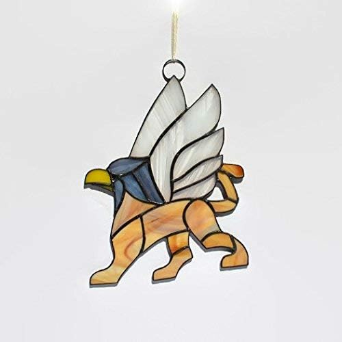 Gryphon Stained Glass Suncatcher Window Hanging or Wall Decor, Unique Gargoyle Decoration Home Office Dorm, Handcrafted Mythical Creature Griffin Ornament, Decorative Mystic Animal Griffon Art Panel