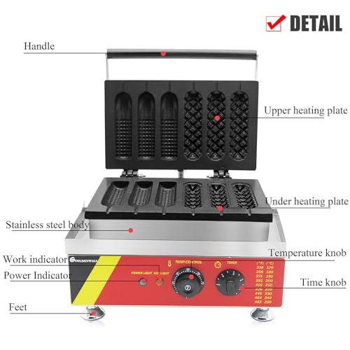Produttore di waffle commerciale, controllo del temp di 1600W, piastre antiaderenti, forme di cane di mais 6 forme veloci, costruzione dell'acciaio inossidabile, design facile pulito per uso domestico