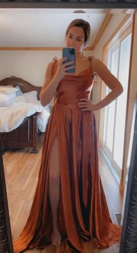 Cowl Neck Satin Bridesmaid Dresses with Slit Long Prom Dress for Women Formal Evening Gown with Pockets2