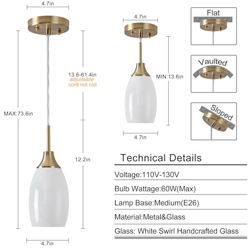 Image of Viinew 4.72 inch Glass Pendant Light,3-Pack White Oval Glass Hanging Light