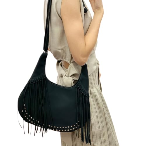 Image of Women Vintage Suede Fringe Hobo Bag Tote Shoulder Bag Crossbody Bag and Hippie Western Cowgirl Purse Shoulder Bag