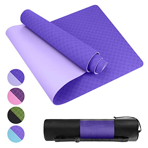 Homtiky Esterilla Yoga, Esterilla Deporte Antideslizante con Material ecológico TPE, Yoga Mat diseñado para Entrenamiento y Entrenamiento físico con Correa de Transporte y Bolsa, Violeta