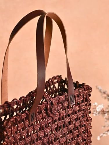 Image of KADAM HAAT Handmade Sabai Grass Lunch Bag | Dry Grass Bag for Lunch and Bottle | Tiffin Box Bag for School or Office with Leather Handle (Brown)