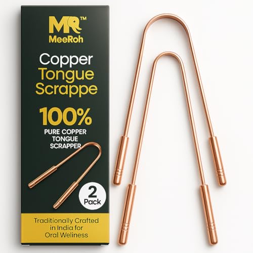 MeeRoh Pure Copper Tongue Scraper (2 Pack) – Manual Tongue Cleaner for Fresh Breath – Professional U-Shaped Metal Tongue Scrubber for Adults and Kids – Traditional Oral Hygiene Tool