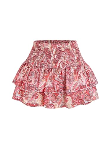 MakeMeChic Women's Paisley Print Skirt Tiered Ruffle Shirred Boho Mini Skirts