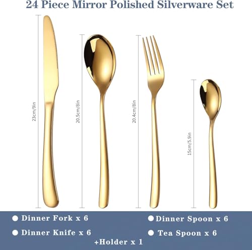 Image of 24 Pieces Flatware Set, Stainless Steel Cutlery Set with Silverware Holder, Modern Gold Silverware Set Includes Dinner Knives Forks Spoons,Hanging Silverware (Golden)