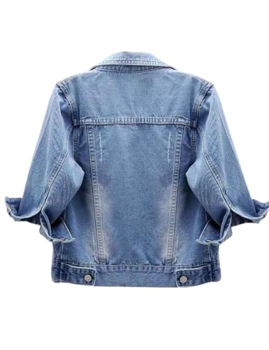 Huang's Women's Classical 3/4 Short Sleeves All Season Denim Jacket for women Button Front Light Wash Cotton Denim Jacket2
