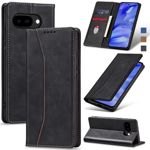 Image of Jasonyu Flip Wallet Case for Google Pixel 9A,Leather Magnetic Folio Cover with Card Holder,Kickstand - TPU Shockproof Durable Protective Phone Case,Black