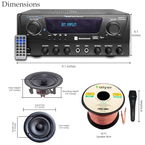 Image of Vaiyer Home Audio Sound System Kit - 1000 W Bluetooth Amplifier w / 2 Qty of 8 inch Frameless Ceiling Speakers 300 W Each, Mic, 50 ft Speaker Wire & Remote Perfect for Home, Office, Restaurant, Bar