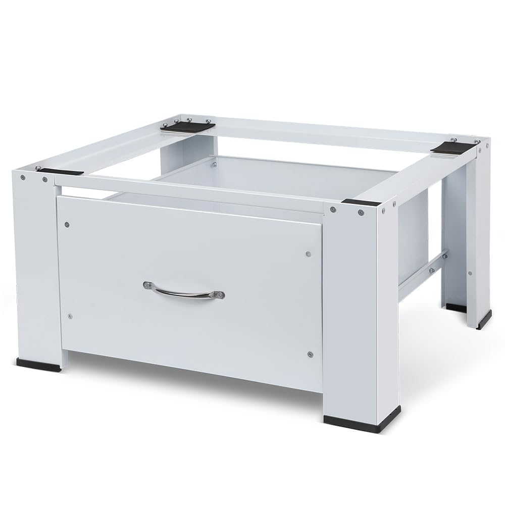 Waschmaschinen-Untergestell inkl. Schubladen, Metall Unterbau Podest Sockel für Trockner, Unterschrank Erhöhung für Waschmaschinen, Max. bis 150 kg, 63(L) x54.5(B) x32 cm(H), Weiß