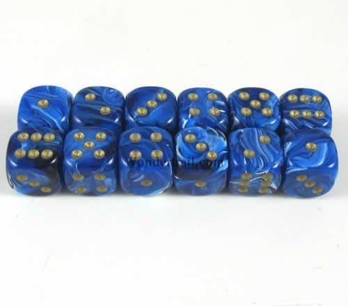 Wondertrail Blue Vortex with Gold Pips 12mm D6 Dice Set of 12 WCX27836E12