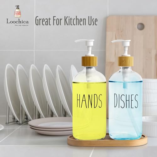 Image of LOOCHICA Clear Glass Soap Dispenser Set with Tray, Transparent Dish and Hand Soap Dispenser Set, Refillable Reusable Apothecary Soap Pump Dispenser Bottles for Bathroom and Kitchen