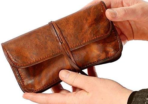 Leatheristic Genuine Leather Tobacco Smooking Pipe Bags Stash Case Medicine Lock Bag Make-Up Wrap Case Stationery Pouch Battery Headphone Holder Travel Storage Container Vintage Brown for Men & Women