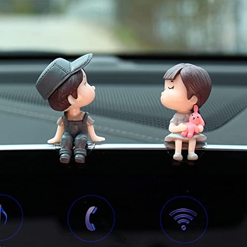 Image of Cute Car Decoration Lovely Couple Car Decoration Cute Cartoon Couples Action Figure Figurines Balloon Ornament Auto Interior Dashboard Accessories for Boys Girls Gifts (Gray&Blue hat,no balloons)