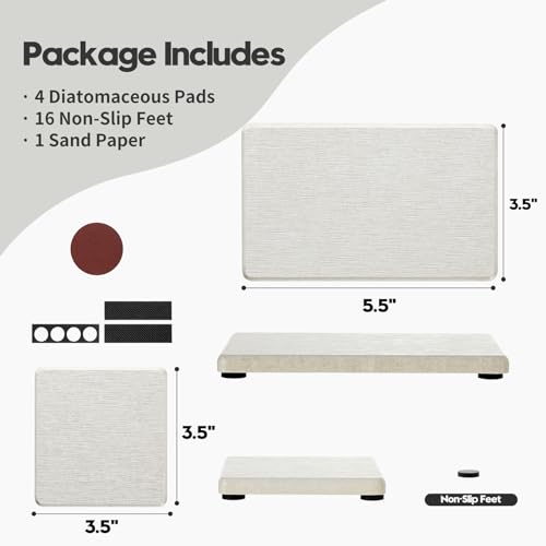 Image of Razborci 4PCS Bathroom Sink Vanity Trays, Diatomaceous Earth Quick Stone Drying Mat Kitchen Counter Dish Soap Dispenser Sponge Holder, Water Absorbing Caddy Organizer for Bottle & Cup, Beige