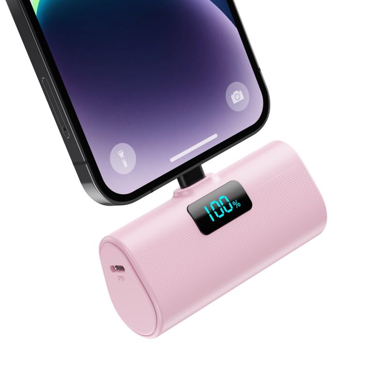 HETP Mini Power Bank 5200mAh, 20W PD Ricarica Rapida Powerbank, Ultra Compatto Caricatore Portatile con LCD Display Batteria Esterna per iPhone 14/14Pro/13/13 Pro/12/12Pro/11/X/XR/8/7/6 ecc-Rosa