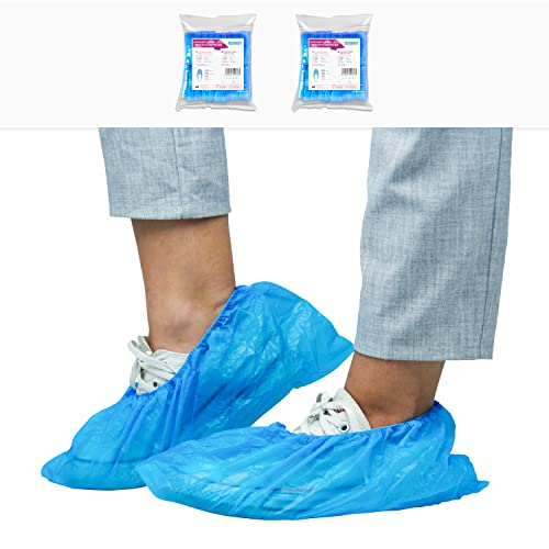 ARNOMED Cubrezapatos desechables CPE, calzas desechables pies azul 200 uds., patucos desechables, cubre zapatos desechable impermeable en talla 15x41 cm, cubrezapatos desechables sanitarios sin látex