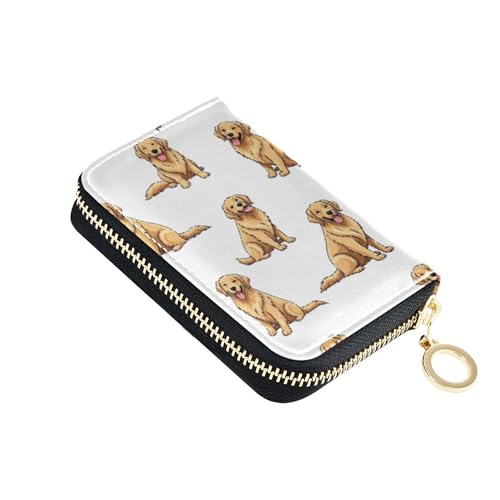 Cute Golden Dogs White Wallets for Women Small Credit Card Protector RFID Blocking Minimalist Zipper Coin Purse with Key Ring