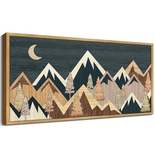 KUVIOKE Morden Mountains Wood Framed Wall Art Boho Pine Tree Forest Nature Landscape Artwork Bohemain Farmhouse Rustic Bedroom Hallway Decor 8x16in (Natural Framed)