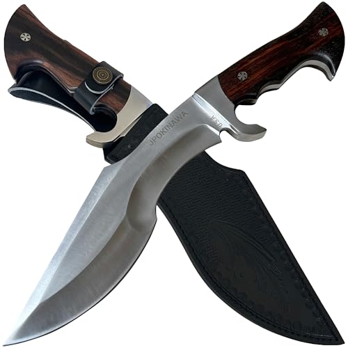 JPOKINAWA 39cmMessergewicht 770g schwer Nepalesisches Kukri Klinge aus 60HRC Kohlenstoffstahl mit durchgehendem Erl Griff aus Ebenholz Scheide aus Rindsleder