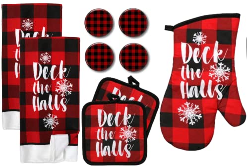 Holiday Farmhouse Kitchen Towel Set with Pot Holders Oven Mitt and Set of Refrigerator Magnets Modern Farmhouse Decor (Deck-The-Halls)