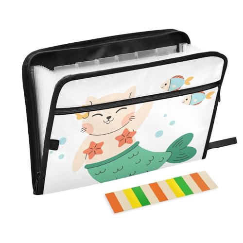 SoreSore ドキュメントファイル A4 大容量 13ポケット 猫柄 魚 海 おもしろ アロハ ハワイ ファイル整理 収納バッグ 書類ケース 仕分け 前ファスナー付き