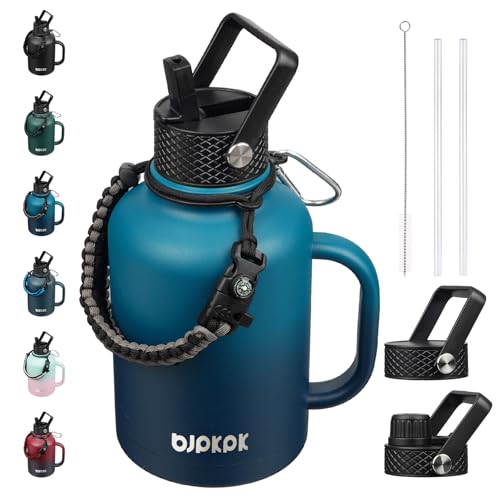 Image of BJPKPK Large Insulated Water Bottles with Straw Lid & Handle, 50oz Water Bottle with 3 Lids and Paracord Strap, Stainless Steel Metal Water Bottle, Insulated Water Jug, Vast