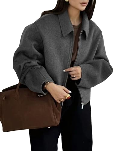 Zucige Cropped-Wolljacke für Damen, einfarbig, Reißverschluss, kurz, Erbsenmantel, Herbst, Winter, trendige Tweed-Jacken 2025, GRAU, M
