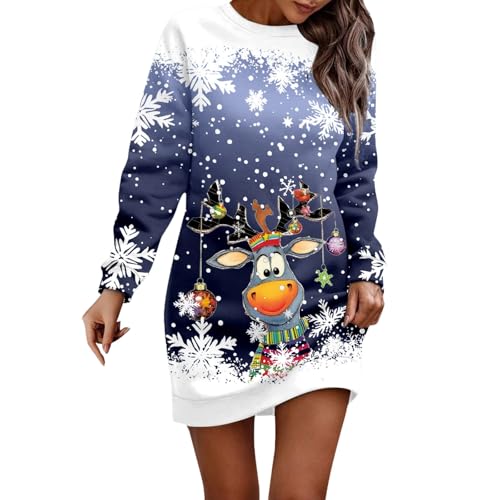 Weihnachtspullover Damen Lang, Weihnachtskleid Damen Lustig, Sweatkleid Mit Rentier Druck Pulloverkleid Rundhals Langarmshirt Weihnachtskleidung...