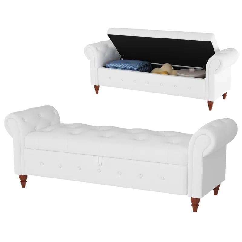 Image of LEGACY OF COMFORT F4 Velvet Upholstered Storage Bench Sofa Bench Sofa couches Rolled Arm Window Bench Ottoman Bench 2 Seater Sofa Chaise Lounger or Living Room Bedroom Office (White Velvet)