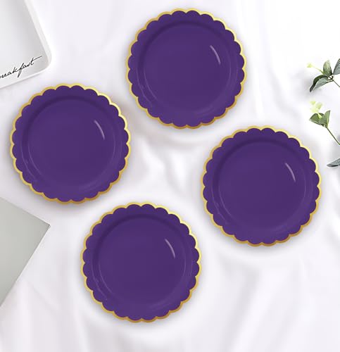 Image of HEIPINIUYE 50 Pieces Purple Paper Plates with Gold Foil 7 Inch Disposable Purple Scalloped Dinner Plates for Wedding Baby Shower Birthday Party Dessert Plate