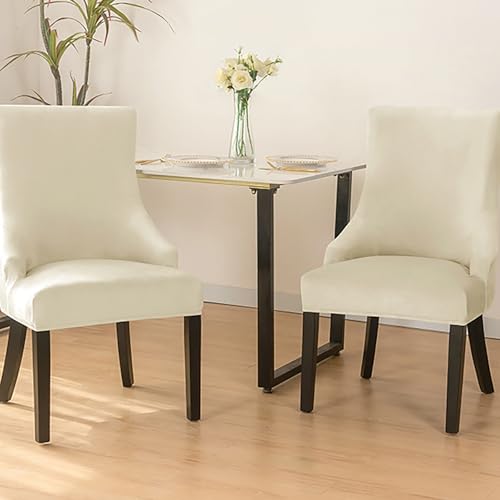 Housse fauteuil à oreilles velours extensible beige et antidérapante - 4