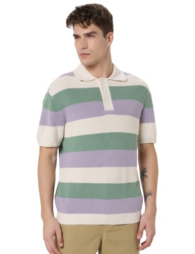 Image of THE BEAR HOUSE Multi-Color Horizontal Striped Textured Knit Design Regular Fit Polo