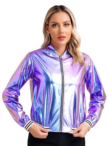 Aiihoo Damen Holographic Kostüm Glitzer Jacke Metallic Silber Langarm...