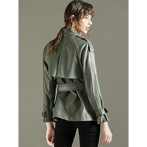 Adhdyuud Vrouwen Casual Revers Faux Lederen Jas Herfst Losse PU Jas Kantoor Dame Uitloper Met Riem